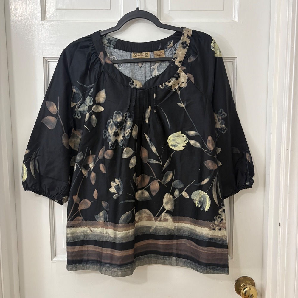 Art and Soul 100% Cotton Blouse S Dark Floral Boho Boxy Cottagecore Botanical